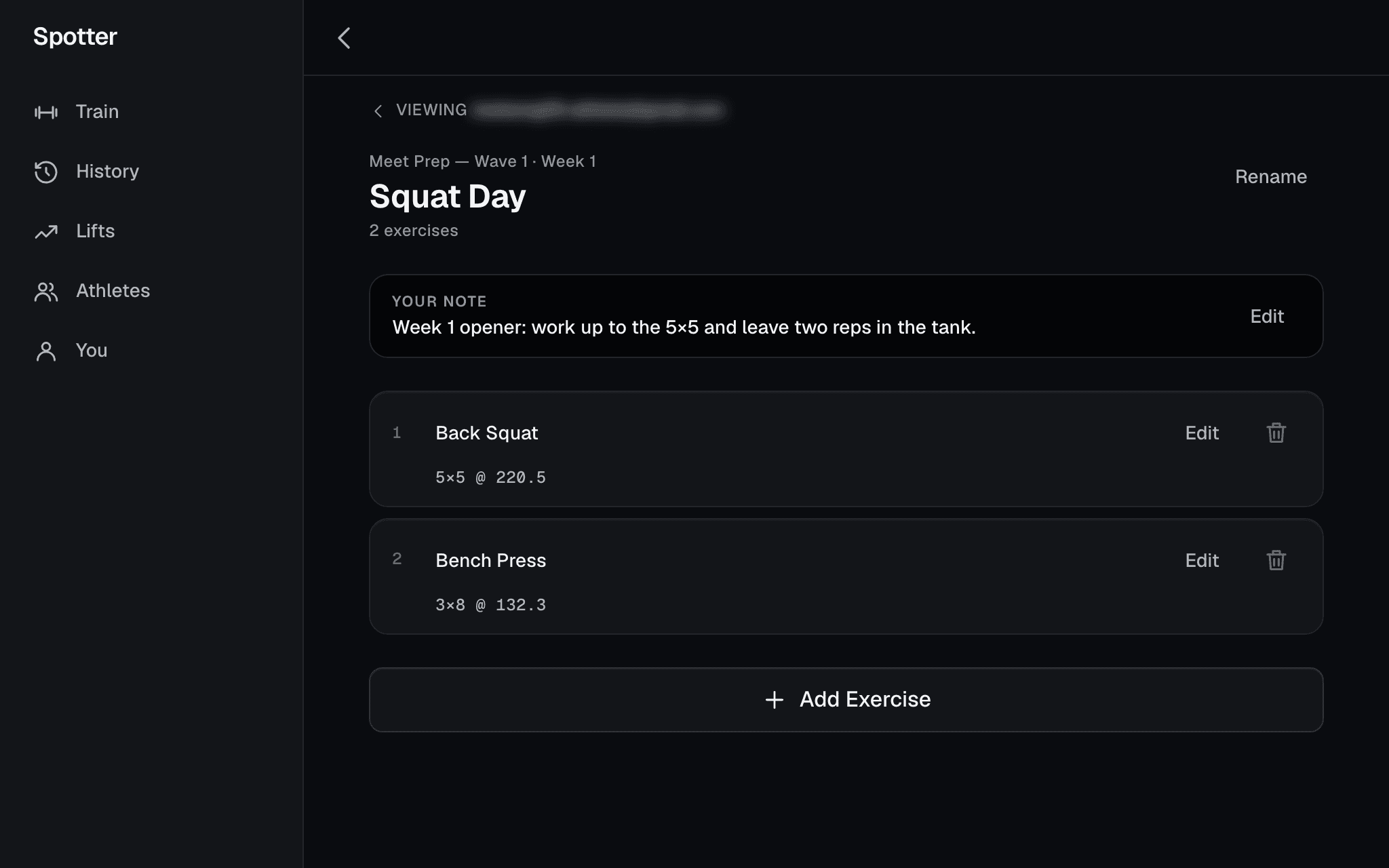 Squat Day inside the athlete’s program, under a “Viewing” eyebrow with the athlete’s name: the coach’s note on the day, and the two lifts with their prescriptions and an Edit button each.