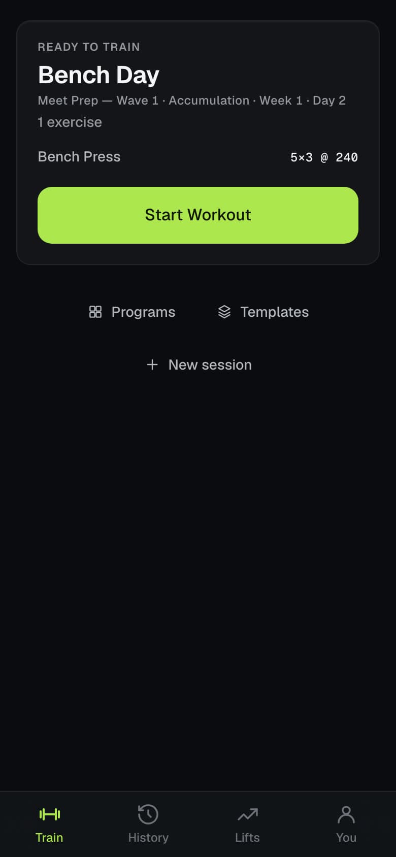 The athlete loop, recorded from the app: the Train screen shows the next session, Bench Day, and one tap starts it. The prescribed set is already typed, so one tap logs it and the rest timer starts counting down. A second set logs the same way. Finish Workout opens the summary, with a personal record, and the Bench Press row opens the lift, where the estimated one-rep-max curve has moved.