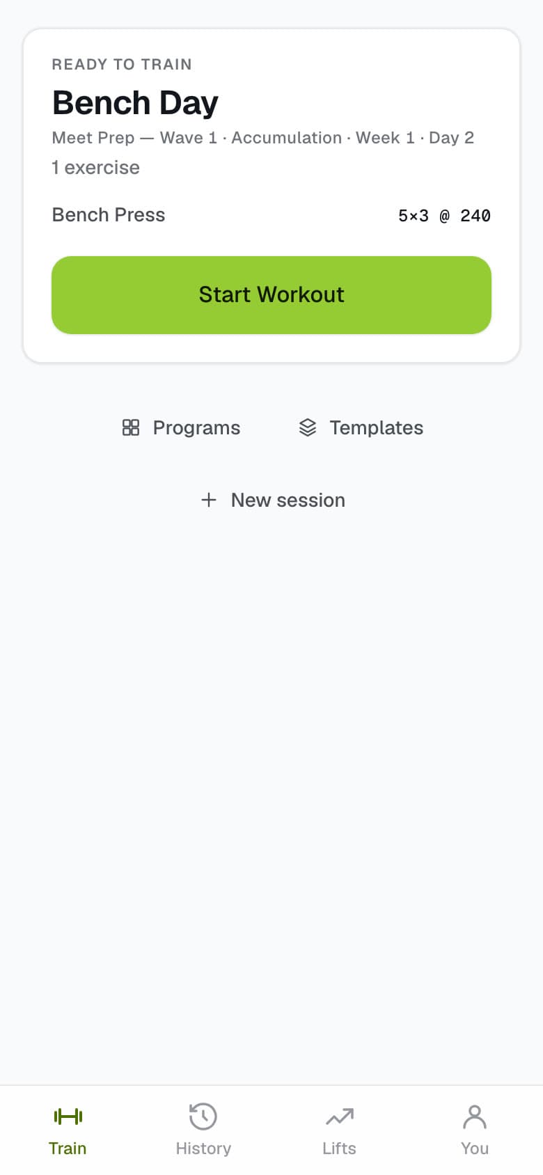 The athlete loop, recorded from the app: the Train screen shows the next session, Bench Day, and one tap starts it. The prescribed set is already typed, so one tap logs it and the rest timer starts counting down. A second set logs the same way. Finish Workout opens the summary, with a personal record, and the Bench Press row opens the lift, where the estimated one-rep-max curve has moved.